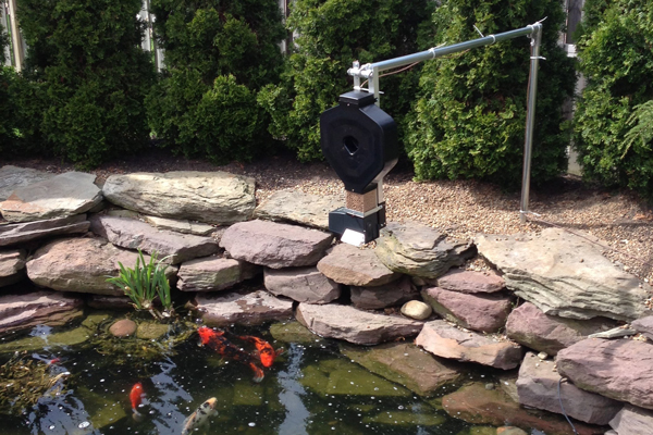 KSF-2XL Koi pond automatic feeder over koi pond with fish